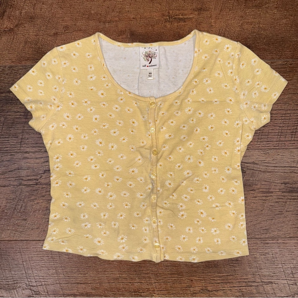 Y2K Yellow Daisy Floral Print Button Down Crop Top